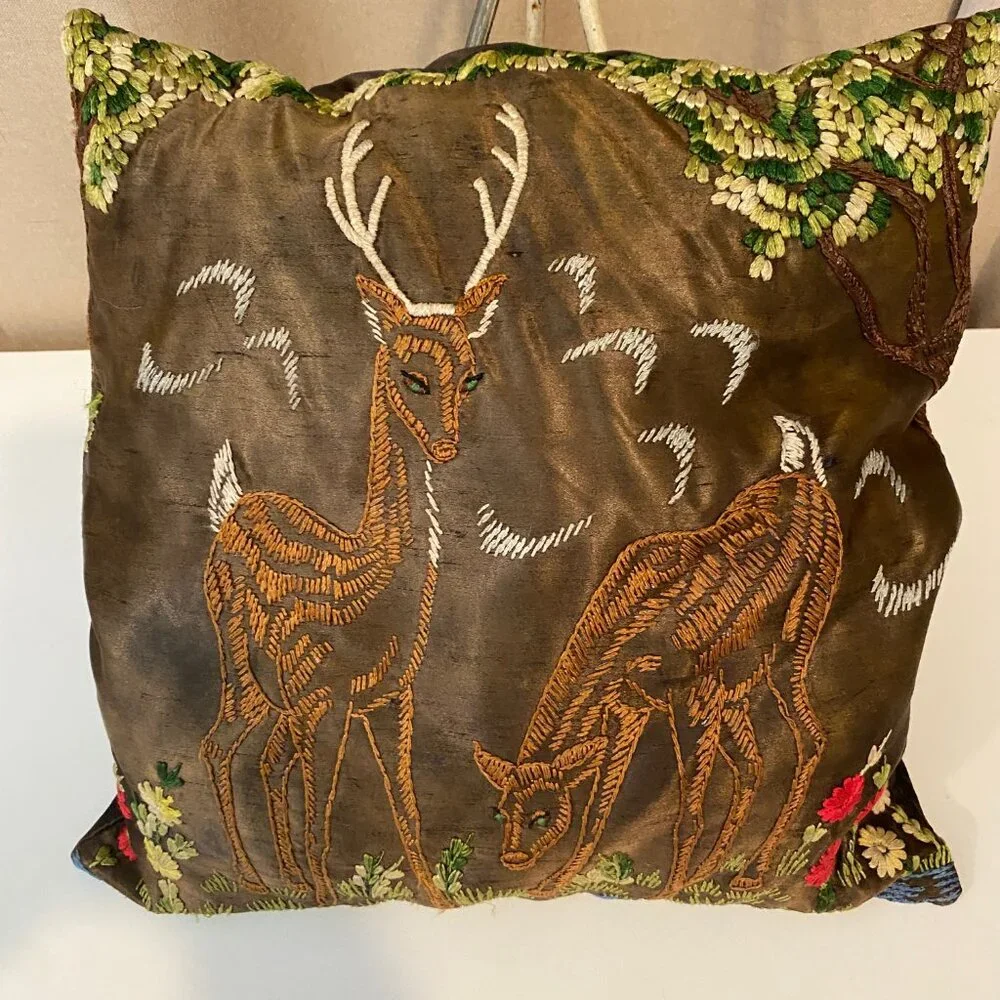 Vintage Brown Satin Pillow – Hand Embroidered‎ Deer Forest Cabin 13x13